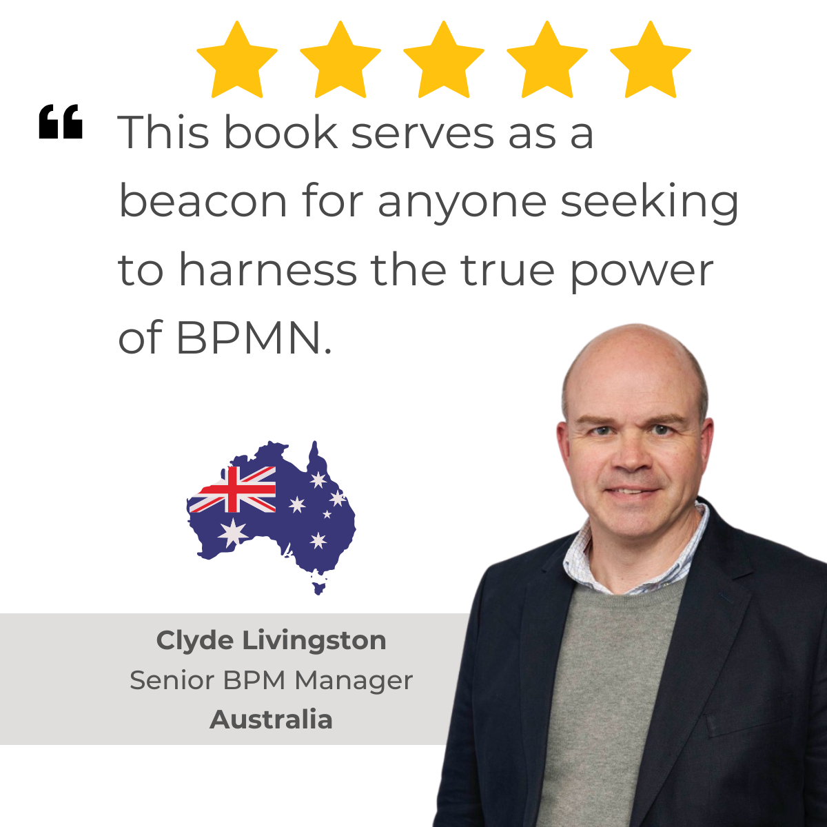 5-star Amazon review of 'BPMN Made Easy with Process-bility' by Clyde Livingstone, a senior BPM leader and manager from Australia: 'This book serves as a beacon for anyone seeking to harness the true power of BPMN.'